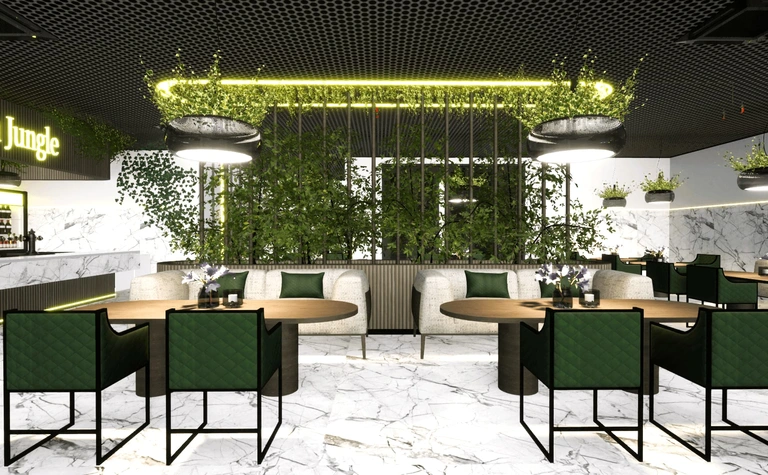 Wnętrze restauracji z zielonymi roślinami i marmurowymi meblami, styl nowoczesny.