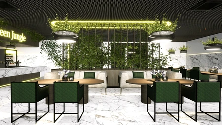 Wnętrze restauracji z zielonymi roślinami i marmurowymi meblami, styl nowoczesny.