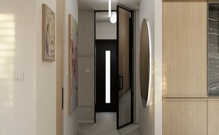 Przedpokój w stylu eklektycznym z minimalistycznymi akcentami, skandynawskim oświetleniem.