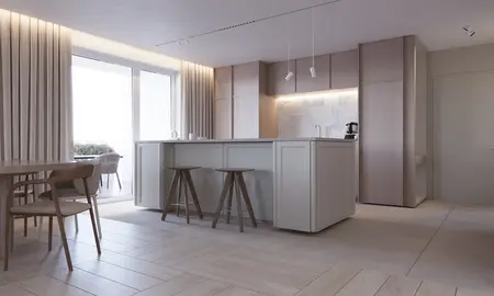Wnętrze kuchni w stylu japandi i minimaluxe z drewnianymi akcentami.
