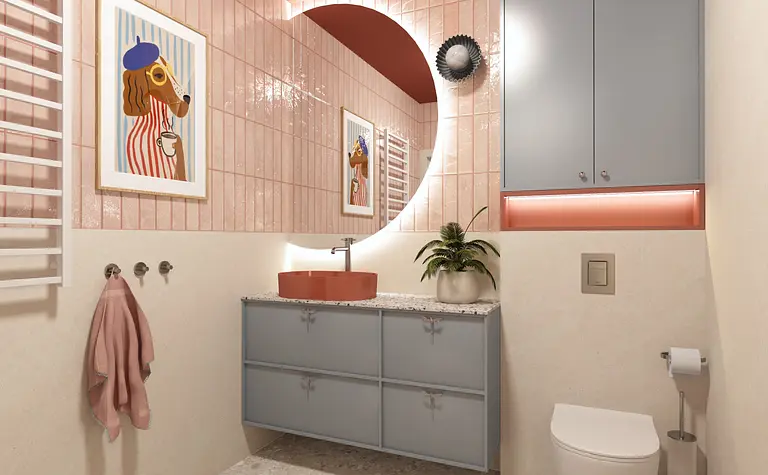 Łazienka z różowymi płytkami, szafką, umywalką i dekoracjami w stylu art deco, dopamine decor, nowoczesnym.