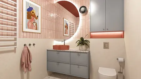Łazienka z różowymi płytkami, szafką, umywalką i dekoracjami w stylu art deco, dopamine decor, nowoczesnym.