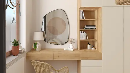 Wnętrze gabinetu w stylu boho, tradycyjnym i współczesnym z drewnianym biurkiem.