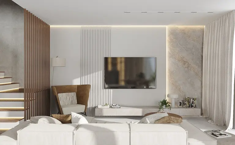 Wnętrze salonu w stylu eklektycznym i minimalizmie z jasnymi meblami.