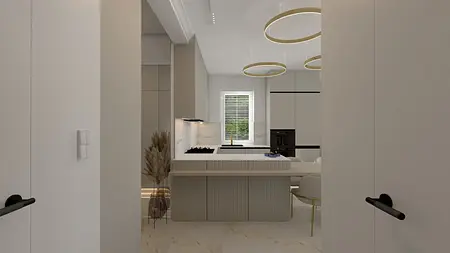 Wnętrze kuchni w stylu art deco i glamour z jasnymi meblami