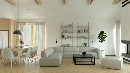 Nowoczesny salon w stylu japandi z szarymi meblami i drewnianymi akcentami.