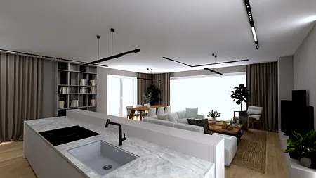 Nowoczesny salon z jasnymi meblami, drewnianym blatem i dużymi oknami.