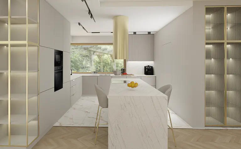 Wnętrze kuchni w stylu nowoczesnym i soft minimalizm z białymi meblami.