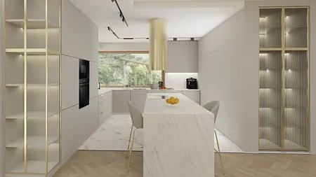 Wnętrze kuchni w stylu nowoczesnym i soft minimalizm z białymi meblami.