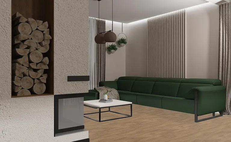 Wnętrze nowoczesnego salonu z zieloną sofą i drewnianą podłogą.