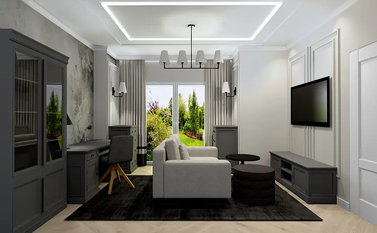 Wnętrze salonu z szarym narożnikiem i czarnymi akcentami, styl glamour i współczesny.