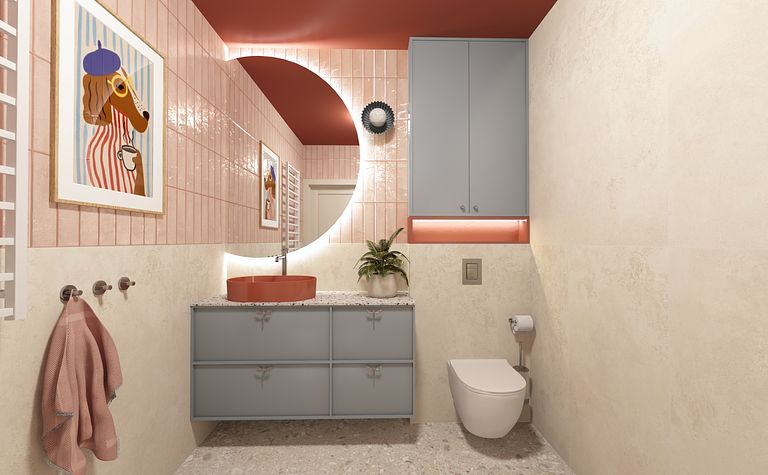 Nowoczesna łazienka z różowymi kafelkami, niebieską szafką, art deco i dopamine decor.