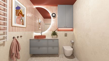 Nowoczesna łazienka z różowymi kafelkami, niebieską szafką, art deco i dopamine decor.