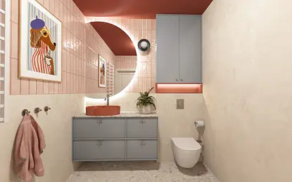 Nowoczesna łazienka z różowymi kafelkami, niebieską szafką, art deco i dopamine decor.