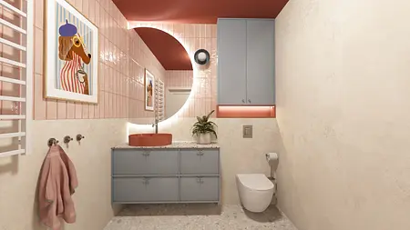 Nowoczesna łazienka z różowymi kafelkami, niebieską szafką, art deco i dopamine decor.