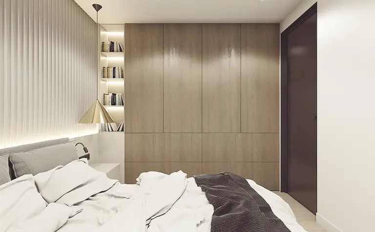 Sypialnia z minimalistycznymi elementami, nowoczesne meble, współczesny design.