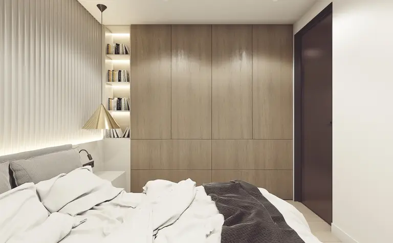 Sypialnia z minimalistycznymi elementami, nowoczesne meble, współczesny design.