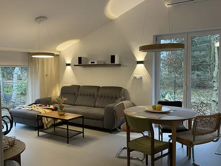 Wnętrze salonu w stylu boho, minimalistycznym i rustykalnym z szarym narożnikiem.