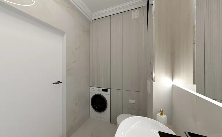 Wnętrze łazienki z umywalką, szafkami w stylu art deco i glamour.