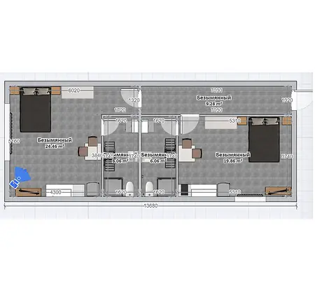 Plan minimalistycznego mieszkania z różnymi pomieszczeniami i wymiarami.