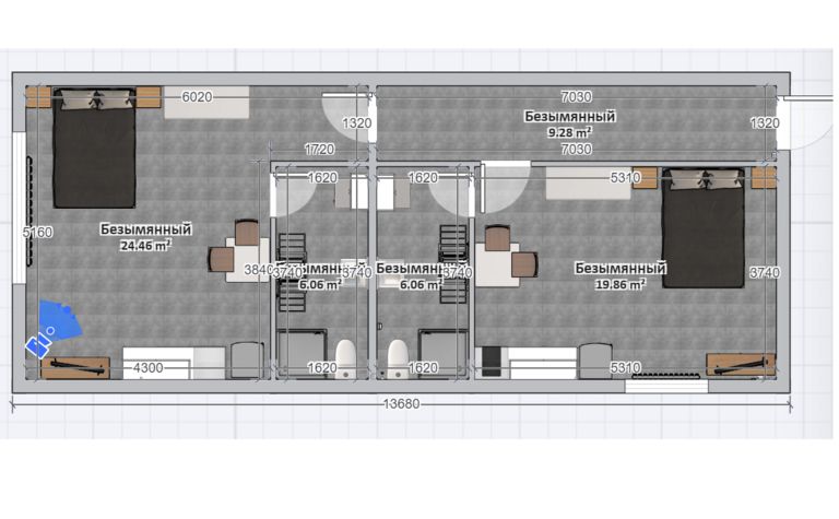 Plan minimalistycznego mieszkania z różnymi pomieszczeniami i wymiarami.