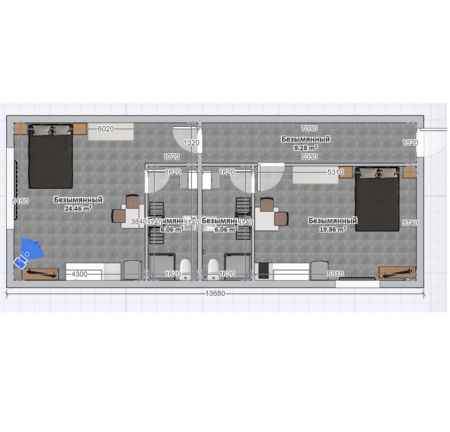Plan minimalistycznego mieszkania z różnymi pomieszczeniami i wymiarami.