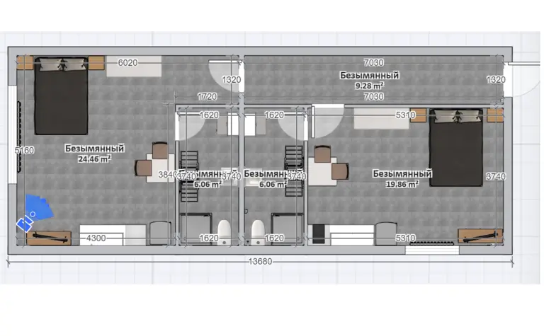 Plan minimalistycznego mieszkania z różnymi pomieszczeniami i wymiarami.