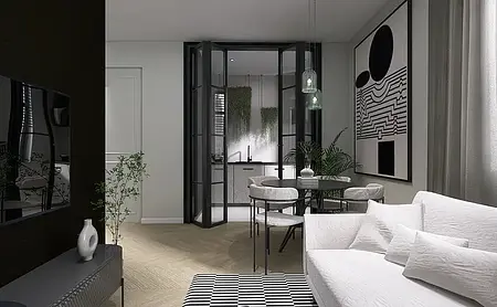Wnętrze kącika wypoczynkowego z jasną sofą i obrazem, nowoczesny design.