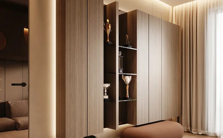 Nowoczesne wnętrze z minimalistycznym designem, drewniane meble, eleganckie akcesoria.