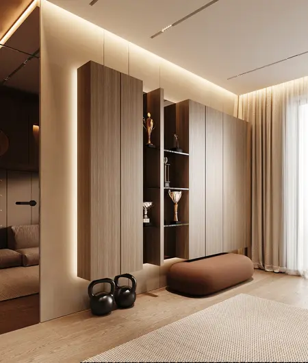 Nowoczesne wnętrze z minimalistycznym designem, drewniane meble, eleganckie akcesoria.