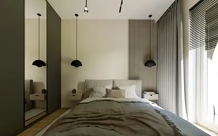 Wnętrze sypialni w stylu boho i japandi z minimalistycznym wystrojem.
