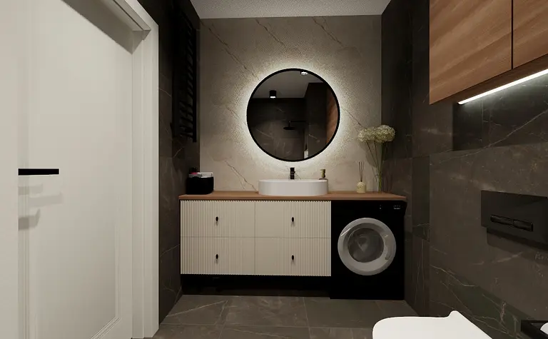 Współczesna łazienka z okrągłym lustrem, białą umywalką i drewnianymi akcentami.