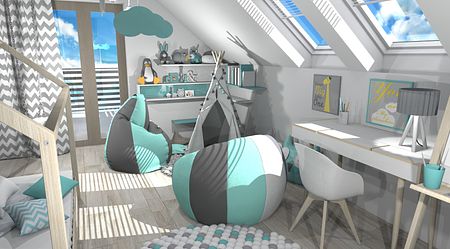 Pokój dziecięcy z nowoczesnymi meblami w stylu dopamine decor i japandi