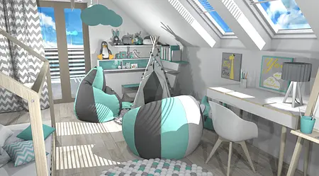 Pokój dziecięcy z nowoczesnymi meblami w stylu dopamine decor i japandi