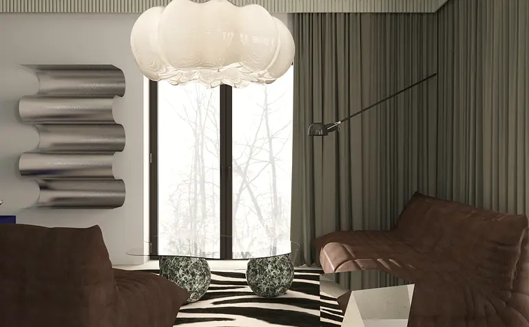 Wnętrze salonu z brązowymi sofami, szklanym stolikiem i nowoczesnym oświetleniem.