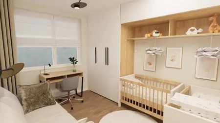 Pokój dziecięcy z minimalistycznym wystrojem, przewijakiem, biurkiem i drewnianymi akcentami.