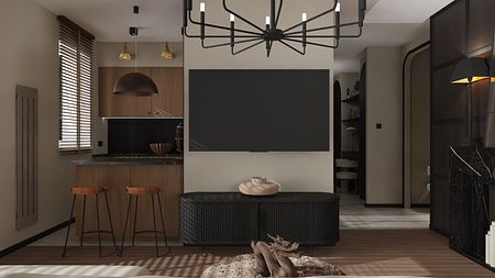 Nowoczesne wnętrze kuchni z drewnianymi meblami, minimalistycznymi detalami i czarnymi akcentami.