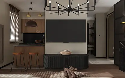 Nowoczesne wnętrze kuchni z drewnianymi meblami, minimalistycznymi detalami i czarnymi akcentami.