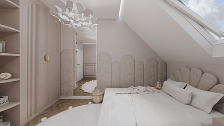 Wnętrze poddasza z jasnymi ścianami i drewnianymi detalami. Styl minimalistyczny i nowoczesny.