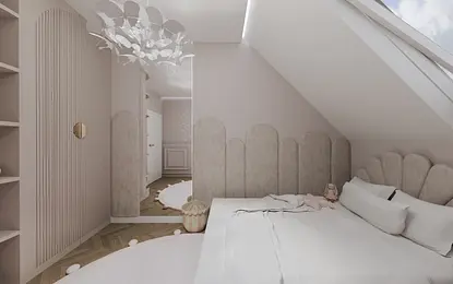 Wnętrze poddasza z jasnymi ścianami i drewnianymi detalami. Styl minimalistyczny i nowoczesny.