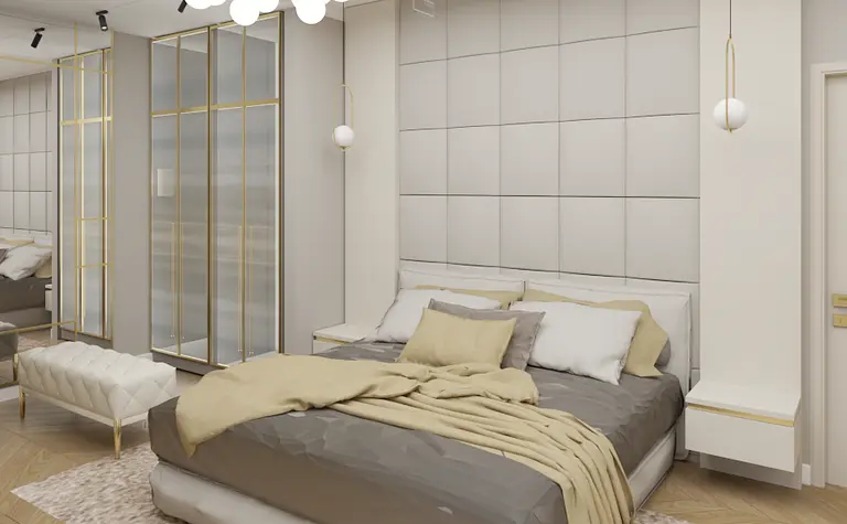 Wnętrze sypialni w stylu nowoczesnym, soft minimalizm, z szarym łóżkiem i beżowymi akcentami.