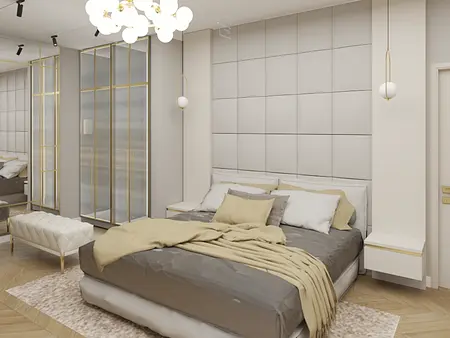 Wnętrze sypialni w stylu nowoczesnym, soft minimalizm, z szarym łóżkiem i beżowymi akcentami.