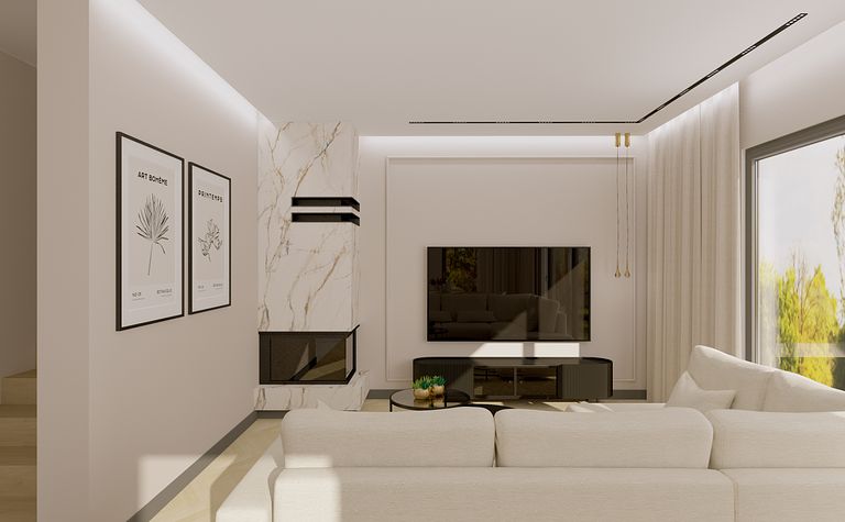 Wnętrze salonu z białą sofą, telewizorem i minimalistycznym wystrojem.