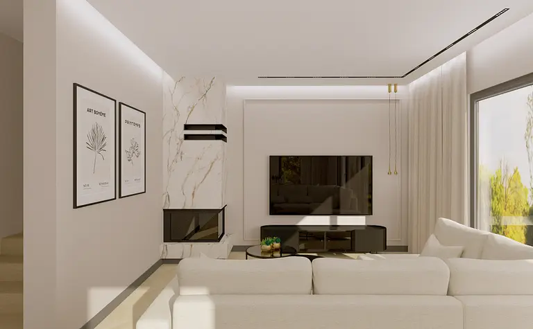 Wnętrze salonu z białą sofą, telewizorem i minimalistycznym wystrojem.