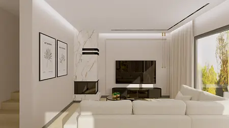 Wnętrze salonu z białą sofą, telewizorem i minimalistycznym wystrojem.