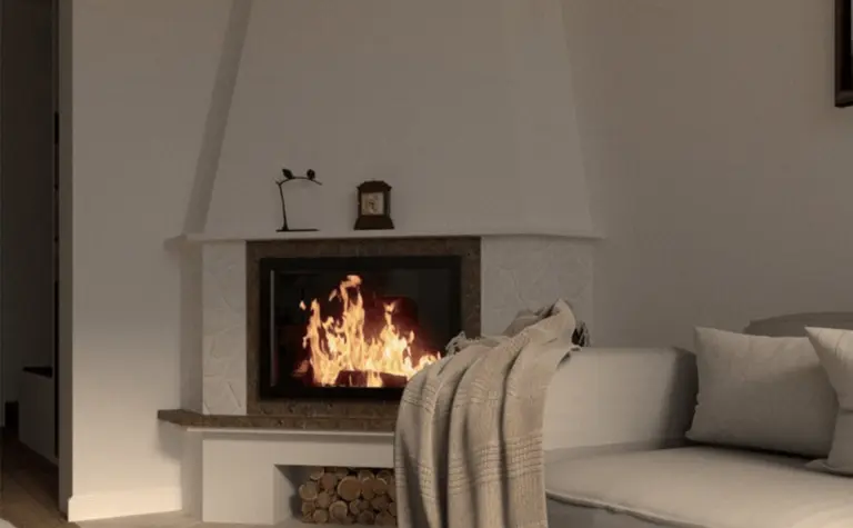 Przytulny salon z kominkiem, minimalistyczny i tradycyjny styl, drewniane elementy.