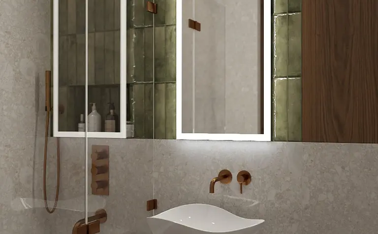 Nowoczesna łazienka z drewnianą szafką i zielonymi płytkami.