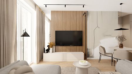 Nowoczesne wnętrze salonu w stylu japandi, minimalistycznym i skandynawskim z drewnem.