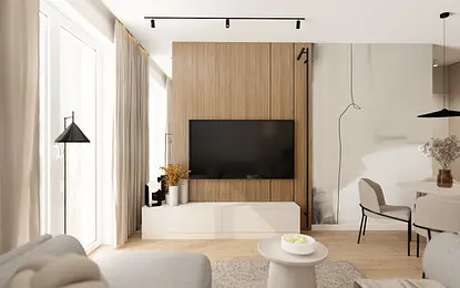 Nowoczesne wnętrze salonu w stylu japandi, minimalistycznym i skandynawskim z drewnem.