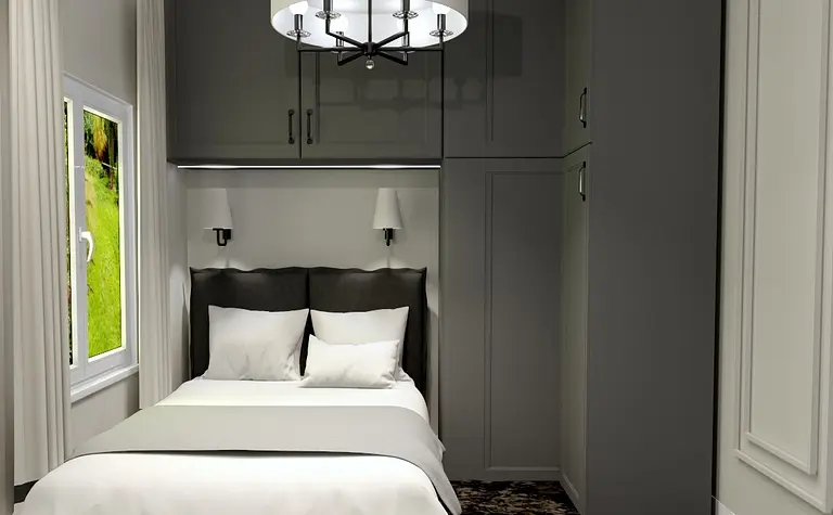 Sypialnia glamour z szarymi meblami, białym łóżkiem i nowoczesnym oświetleniem.